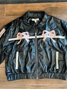NWT Leather Like Retro Women’s Black Jacket XL With pink ribbons Project Rebel